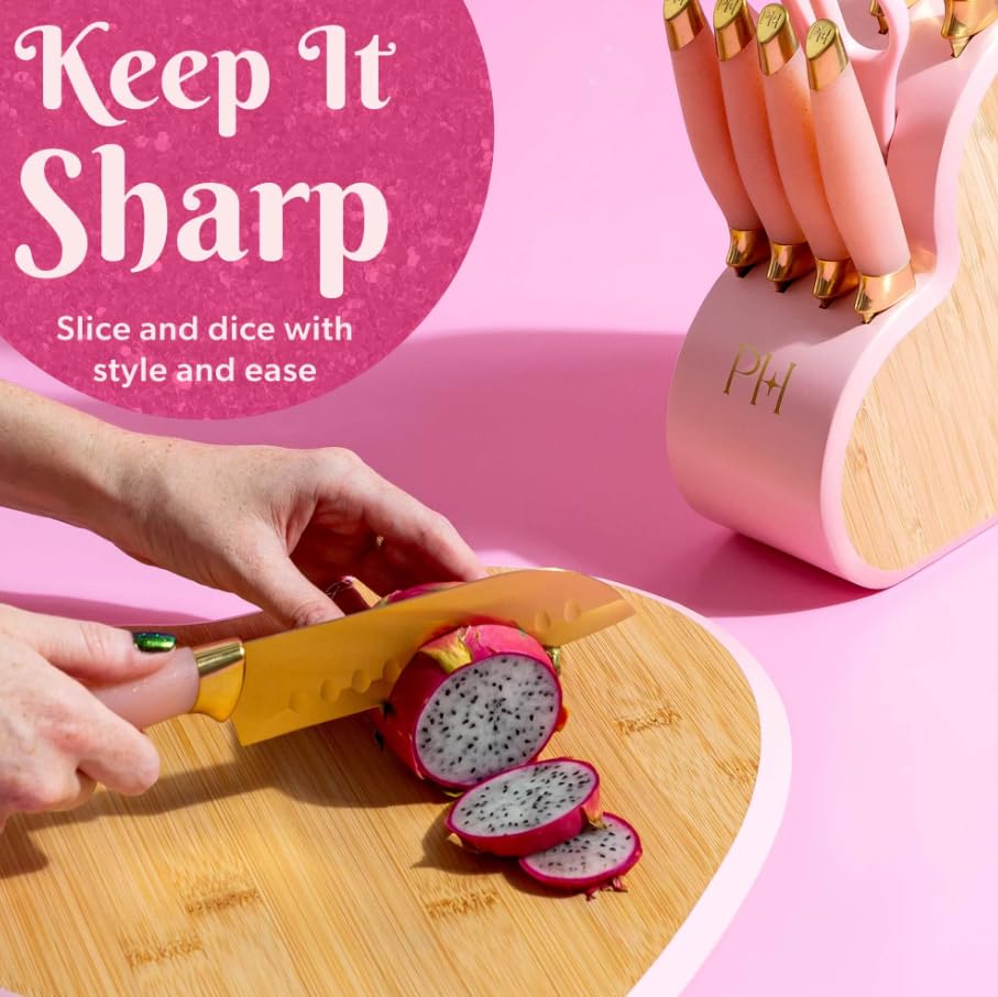 Heart-Shaped Stainless Steel Knife Block Set, 10-Piece, Pink