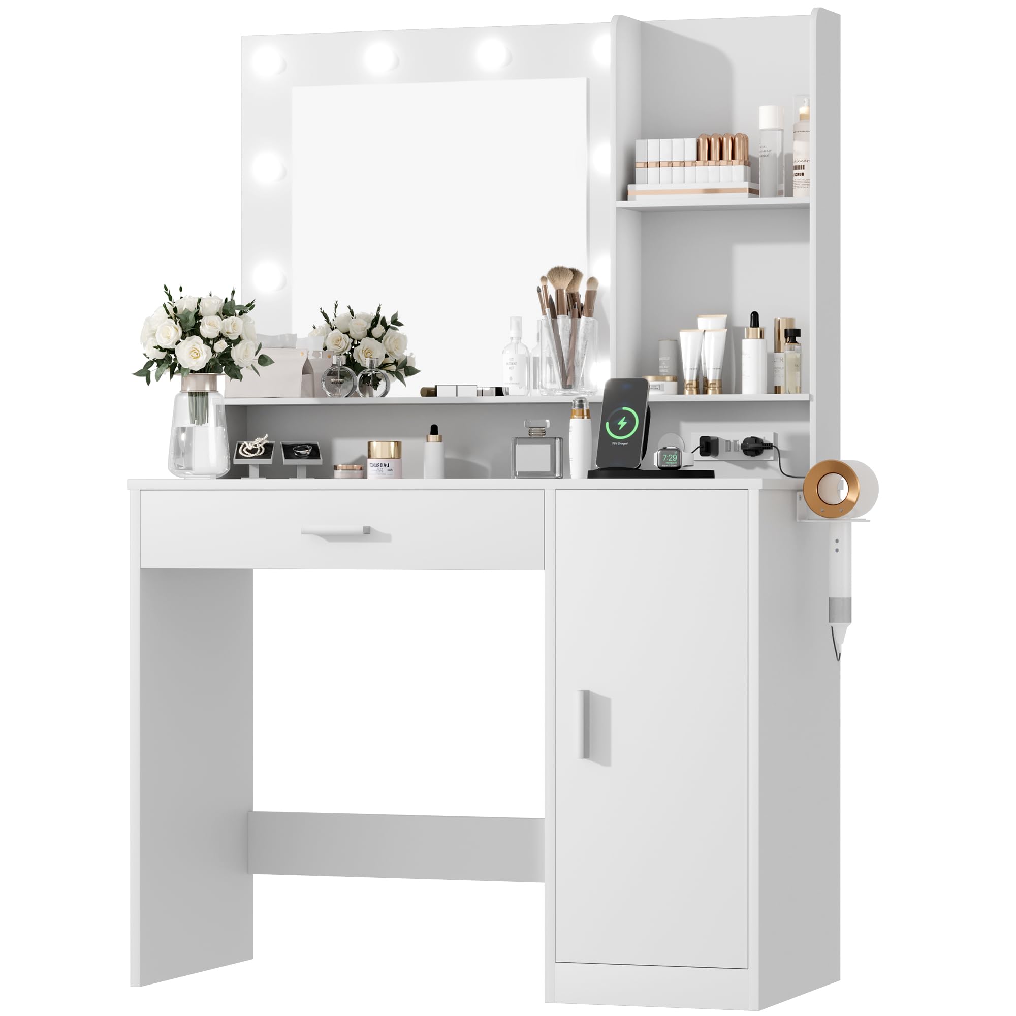 Furmax Vanity Desk with Lighted Mirror 3 Modes & Power Outlets, Makeup Vanity Table with Drawers, Cabinet and Open Shelves, for Bedroom & Dressing Room (White)