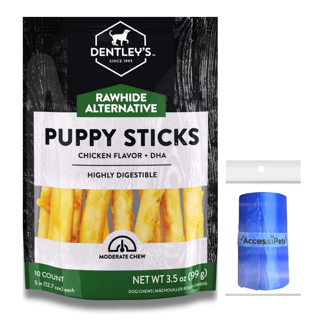 AccessiPets Dog Chews Bundles for Puppies and Small Dogs, Rawhide Free Alternative 5 inch Puppy Sticks Bundle with 1 Dog Waste Roll, Dental Treats for Moderate Chewers (Chicken, 10 Count)