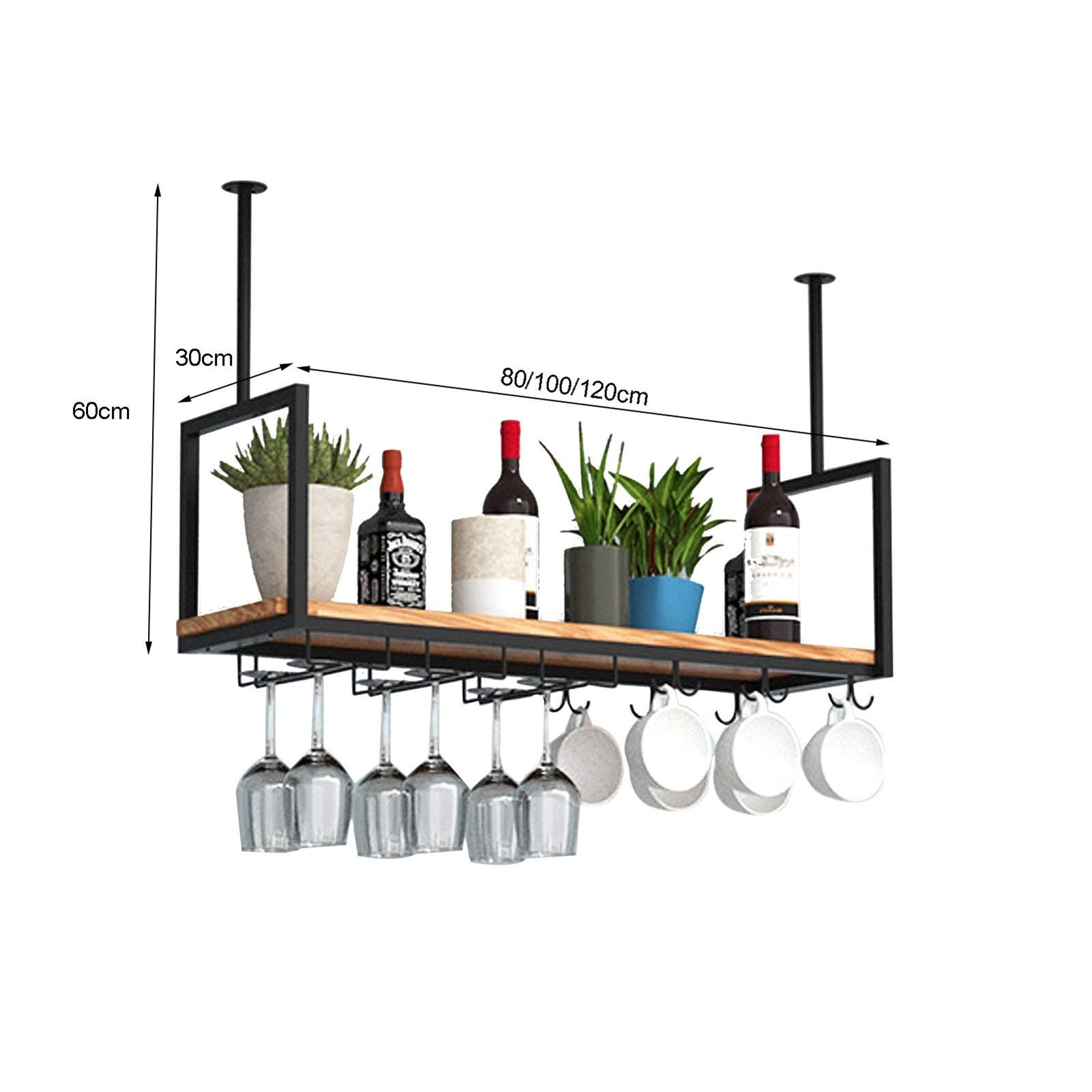 HZHKKP Ceiling Shelf Ceiling Wine Rack，Iron Solid Wood Ceiling Shelf Racks Stemware Holder，for Bars/Restaurants/Kitchens Storage Rack & Shelves，3 Sizes/Black (Size : 120 * 30 * 60cm)