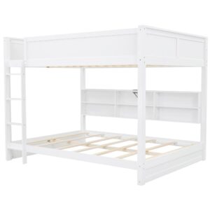 XD Designs Wood Bunk Bed Queen Over Queen Size with Built-in Storage Cabinets and USB Ports, Versatile Bunk Bed Frame with Ladder and Guardrail for Kids Teens Adult, Maximize Space (White-9.30)