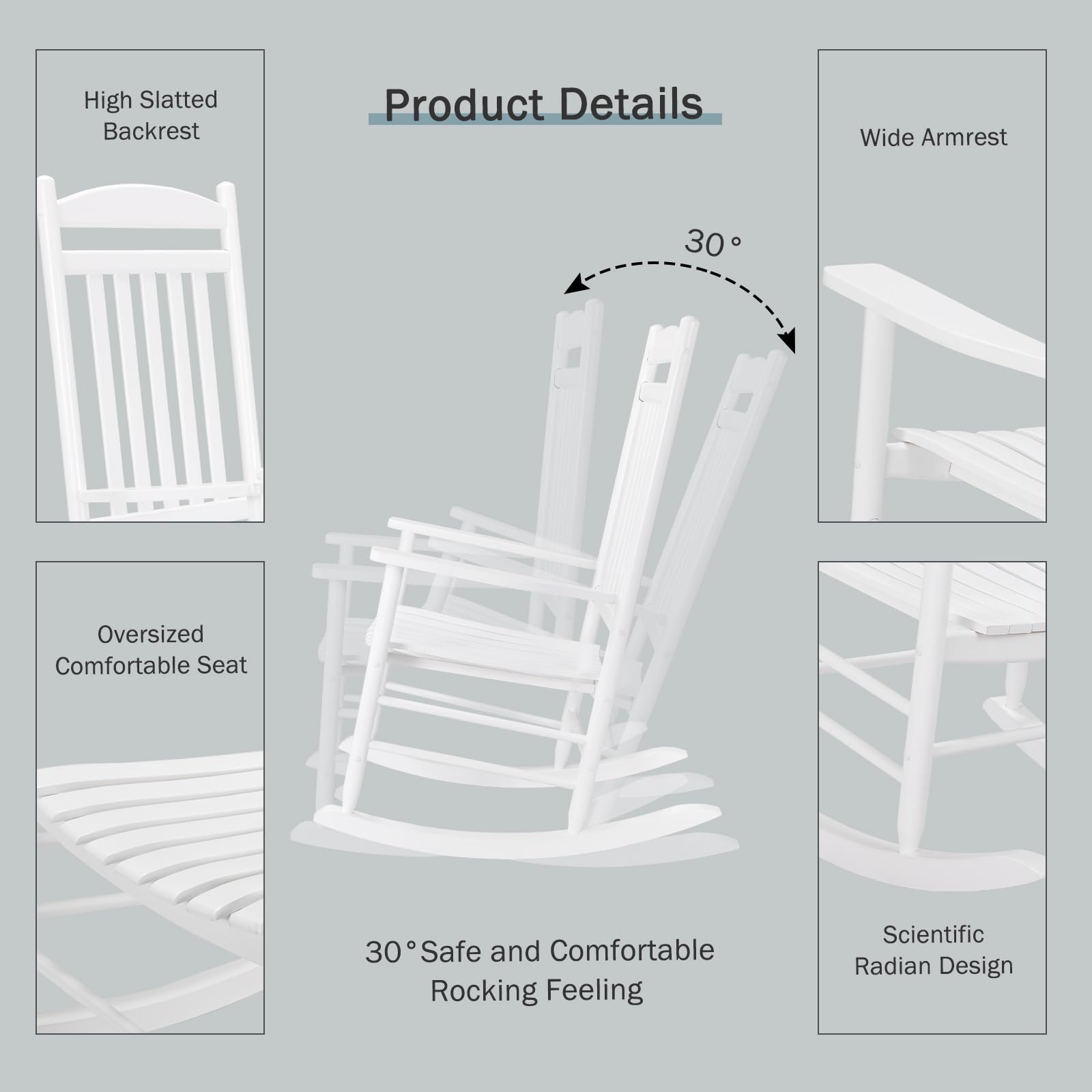 MAMIZO Soild Wood Outdoor Rocking Chair with High Back, Porch Rocking Chairs Oversized Easy to Assemble for Porch Garden, Lawn, Balcony, Backyard, Wooden Rocking Chair Outdoor and Indoor (White)