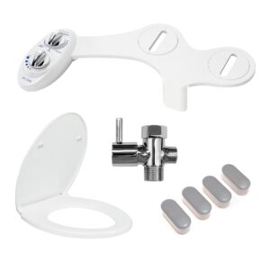 luxe bidet neo 185 white ultimate upgrade bundle - self-cleaning, dual nozzle non-electric bidet attachment, comfort fit elongated toilet seat, shutoff valve t-adapter, and toilet seat bumpers