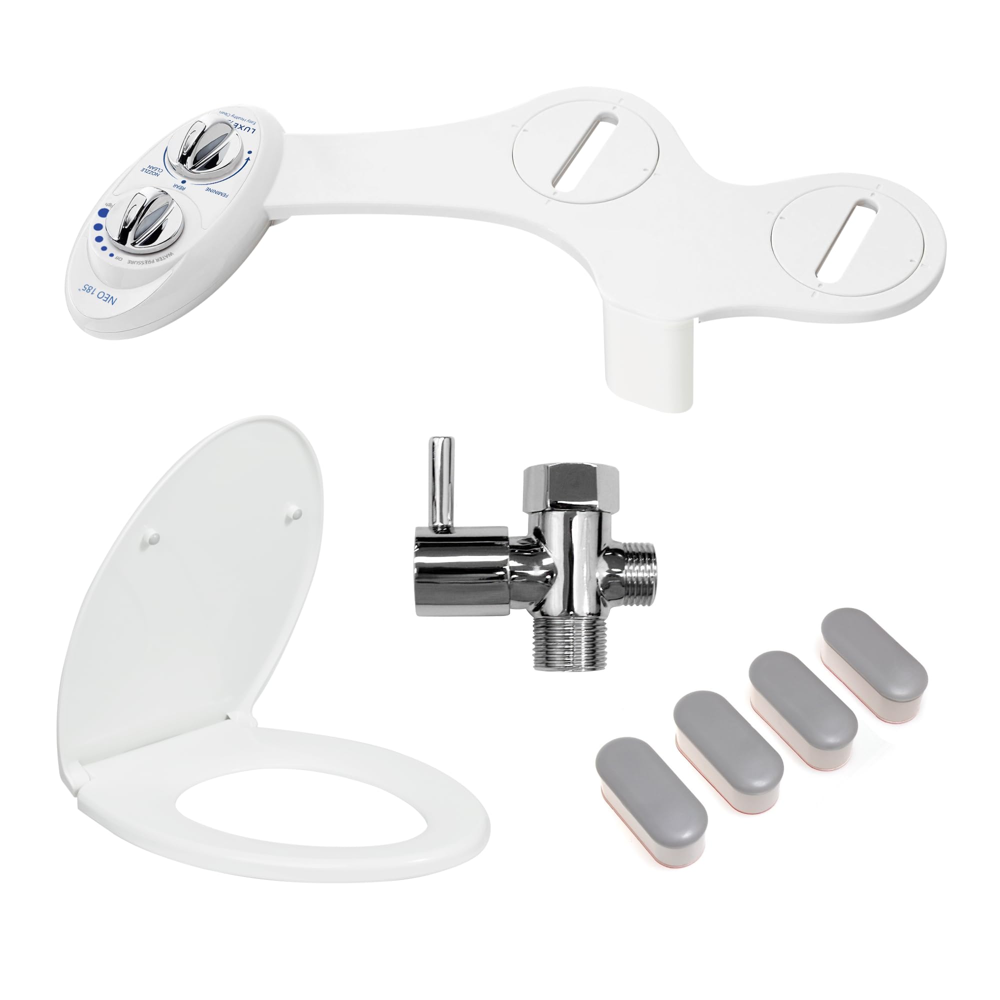 LUXE Bidet NEO 185 White Ultimate Upgrade Bundle - Self-Cleaning, Dual Nozzle Non-Electric Bidet Attachment, Comfort Fit Elongated Toilet Seat, Shutoff Valve T-Adapter, and Toilet Seat Bumpers