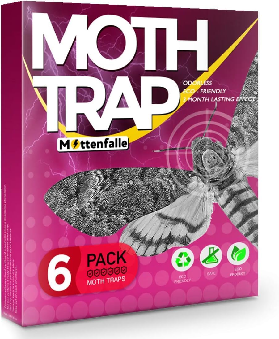 Mottenfalle Clothes Moth Traps 6-Pack - Prime Safe Non-Toxic Eco-Friendly Indoor Moth Traps with Pheromones Sticky Adhesive Tool for Wool Closet Carpet (Stand-Up)