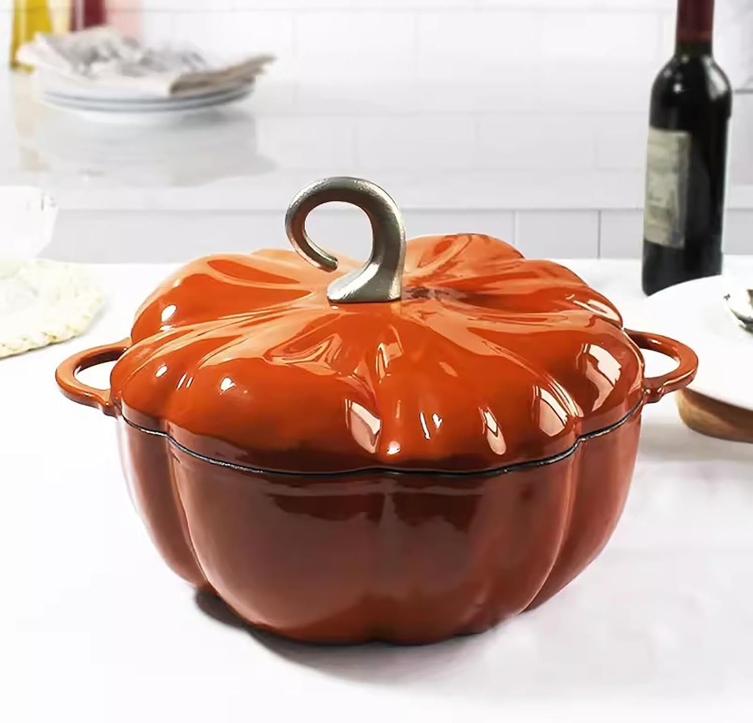 Pumpkin Shaped Dutch Oven Pot with Lid, Cast Iron Pumpkin Dutch Oven, Enamel Coated, Non-Stick Pumpkin Pot, 4 Qt Stew Pot, Serves 3-5, Halloween & Thanksgiving Decor Pot Gift(Orange)