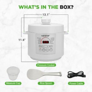 NutriChef Electric Pressure Cooker 6 Quart Capacity | 9 Function Digital Countertop Pressure Cooker | Adjustable Time & Temperature | Cook, Bake, Steam, Broil, & Braise | 13.1 x 11.4 IN | White