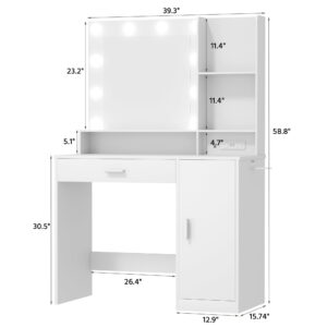 Furmax Vanity Desk with Lighted Mirror 3 Modes & Power Outlets, Makeup Vanity Table with Drawers, Cabinet and Open Shelves, for Bedroom & Dressing Room (White)