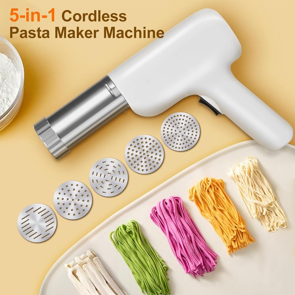 Upgrade Automatic Pasta Maker, Noodle Maker, Automatic Noodle Ejector, 5-in-1 Portable Cordless Noodle Press Maker Machine, Handheld Electric Pasta Maker Machine with Dough Cutter(Green)