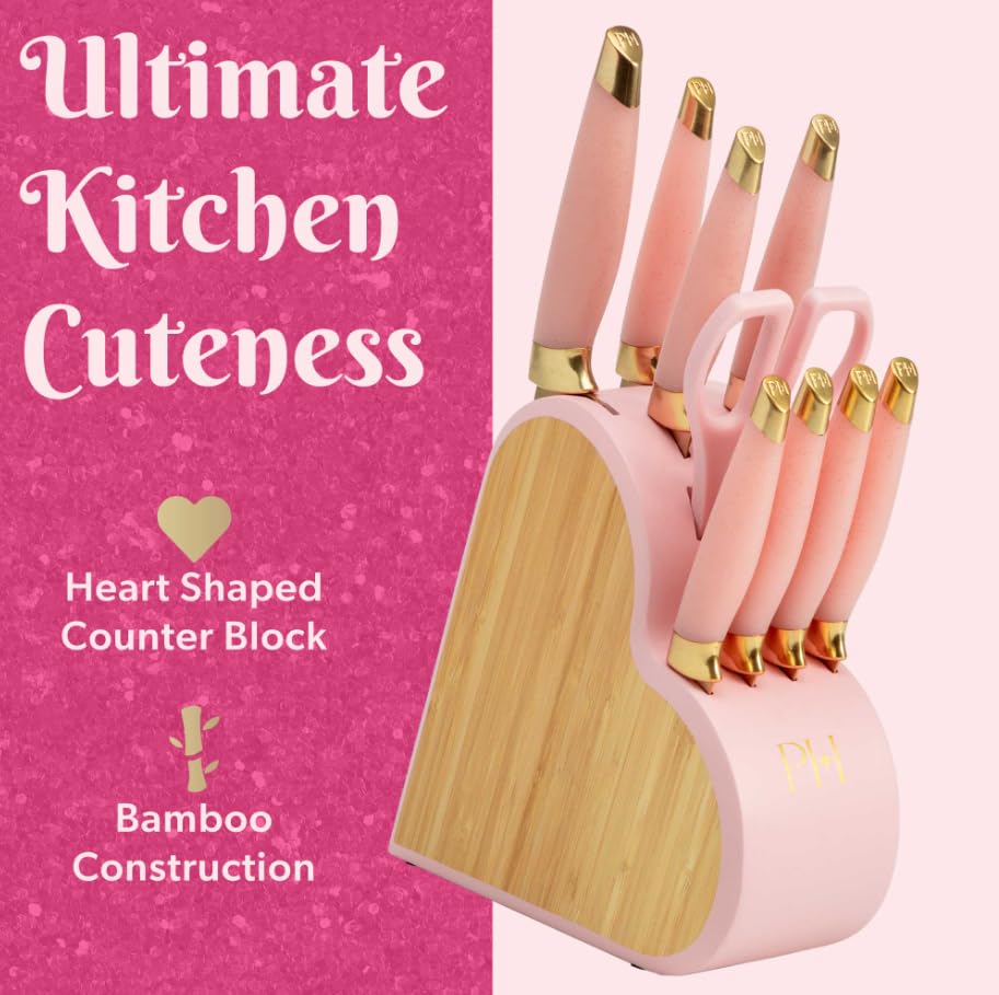 Heart-Shaped Stainless Steel Knife Block Set, 10-Piece, Pink