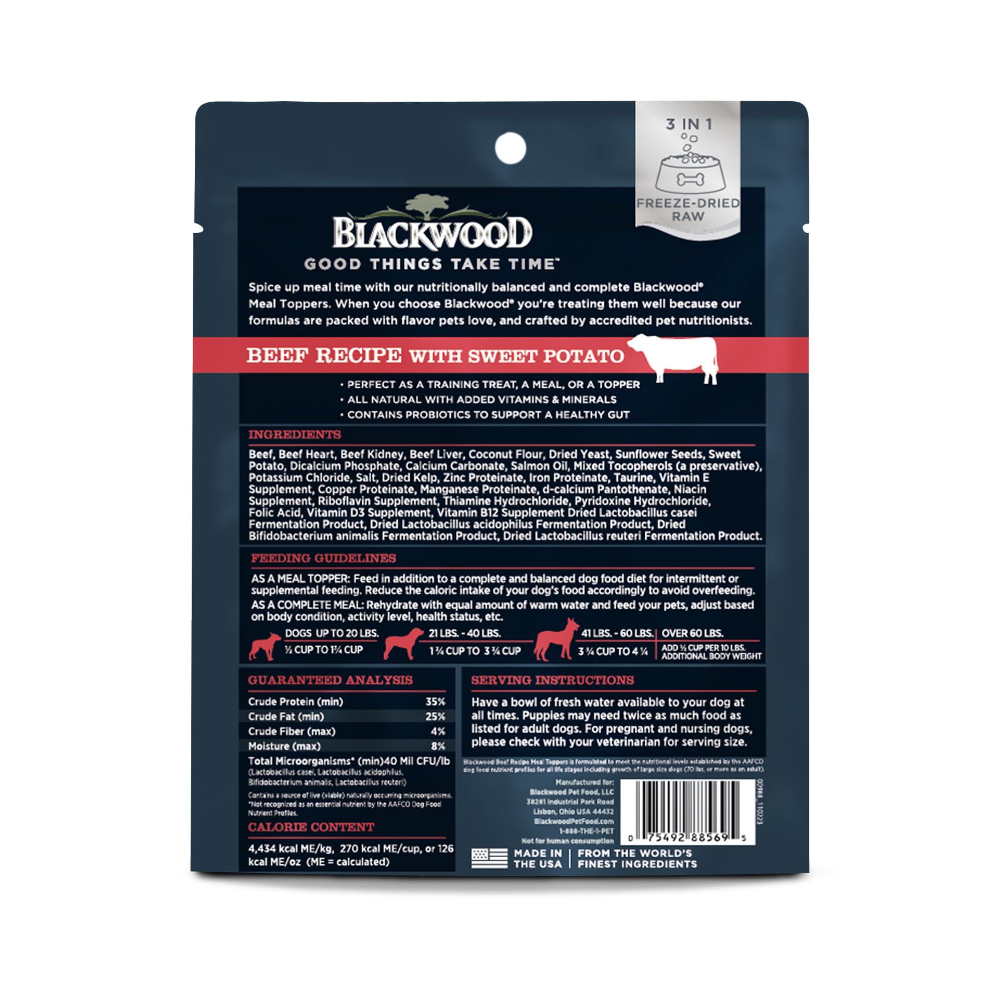 Blackwood Dog Food Topper, Beef Recipe with Sweet Potato, 8 Ounce, High Protein with Probiotics, Use as Training Treat, Meal, or Topper