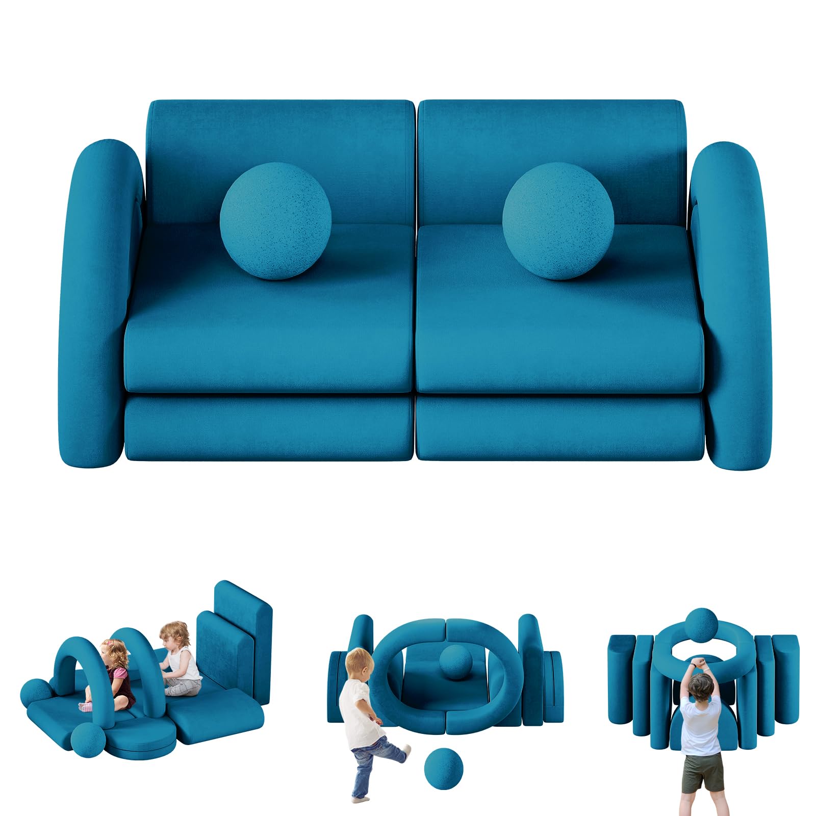 wanan Modular Kids Play Couch, 12PCS Kids Couch with Balls and Tunnel, Kids Couch for Playroom and Bedroom, Kids Modular Couch for Playing, Creativing, Modular Couch Kids (Blue)