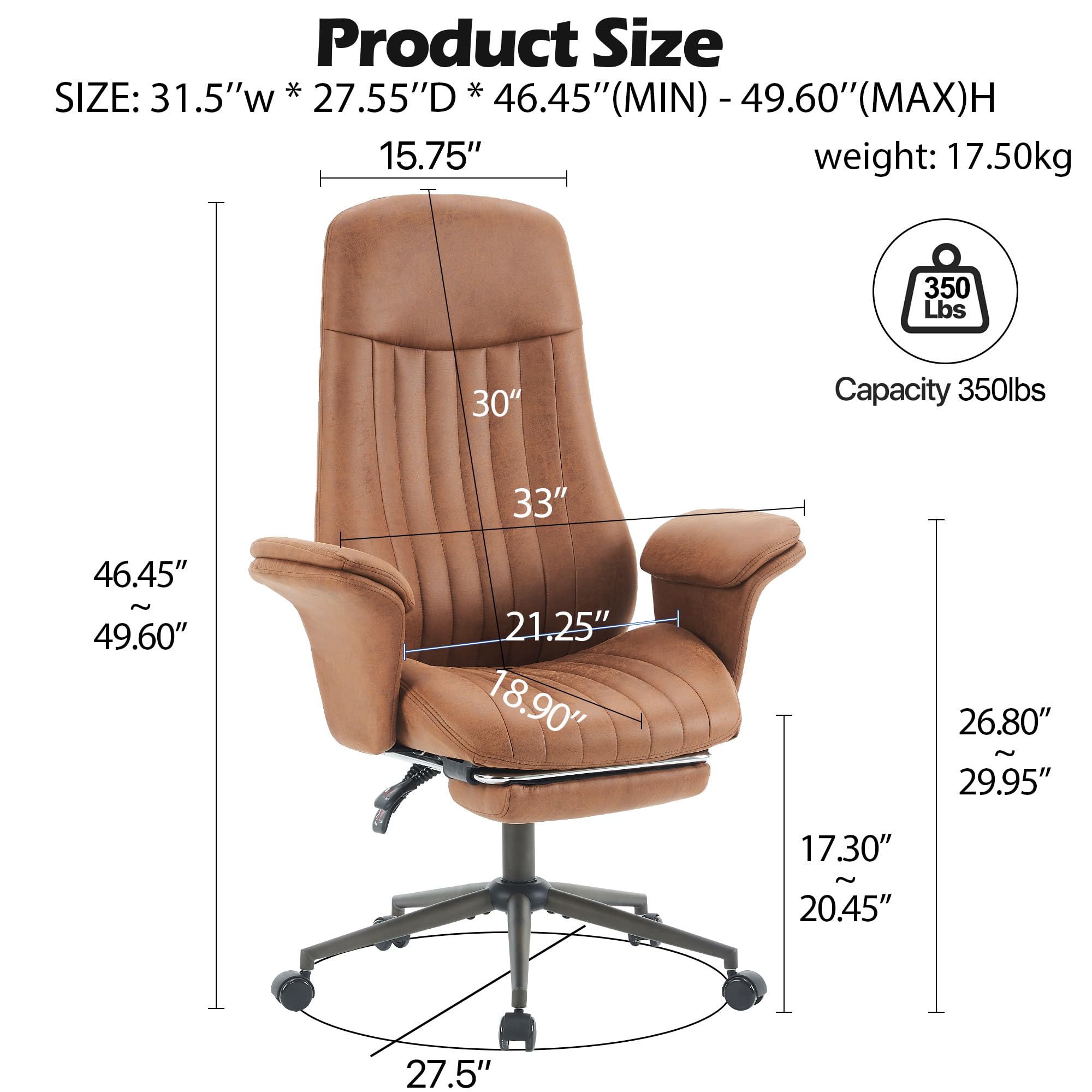 Tall Home Office Desk Chair with Ottoman, High Back Ergonomic Office Chair with Arms, Height Adjustable Swivel Modern Task Chair， Executive Desk Chair, Computer Chair for Living Room(Coffee)