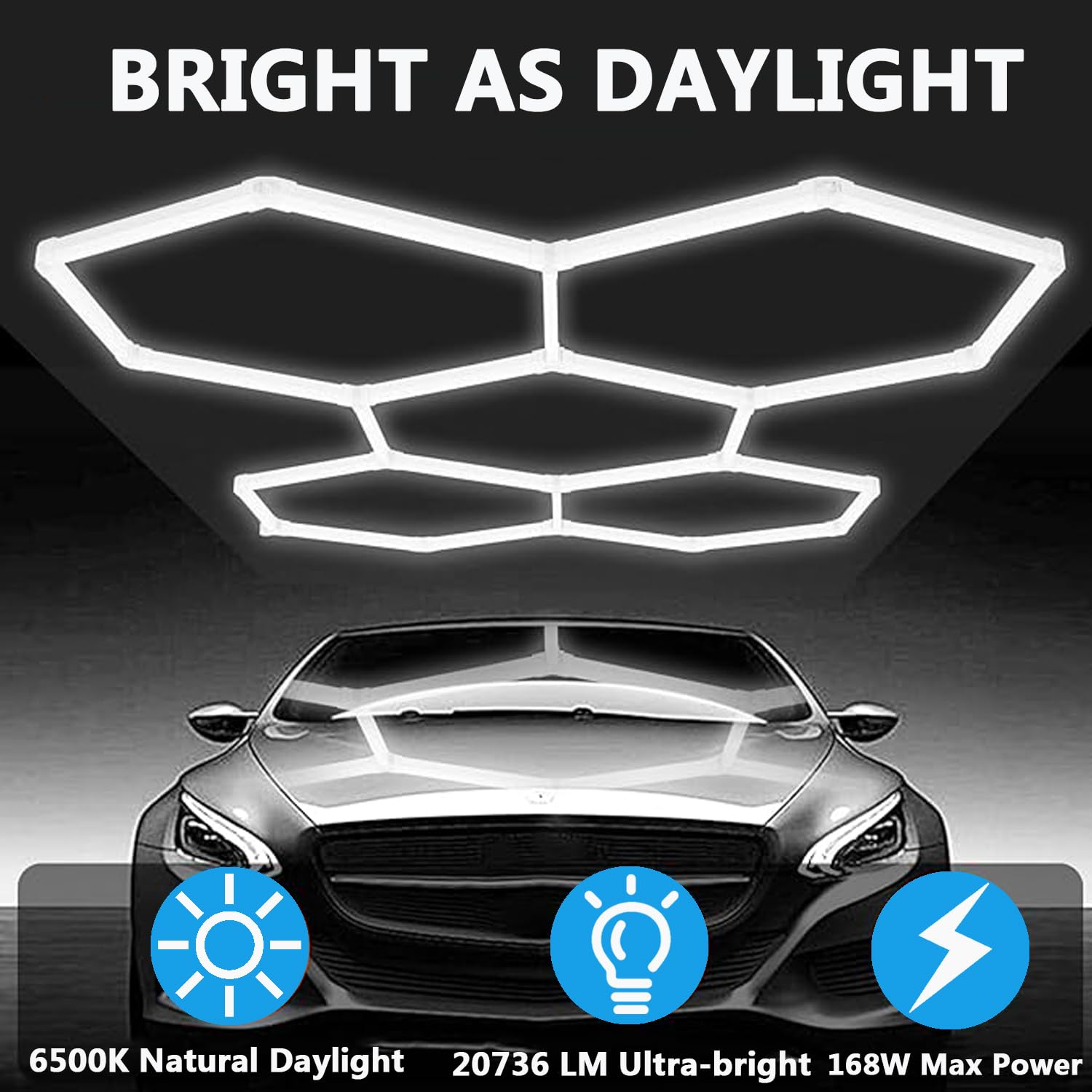 DHXYHQY 5 Grid Hexagon Garage Lights, Hexagon LED Lights, 20736LM Hexagon Lights LED Garage Lights for Garage Workshop Basement Gym Warehouse, 6500K, 168W