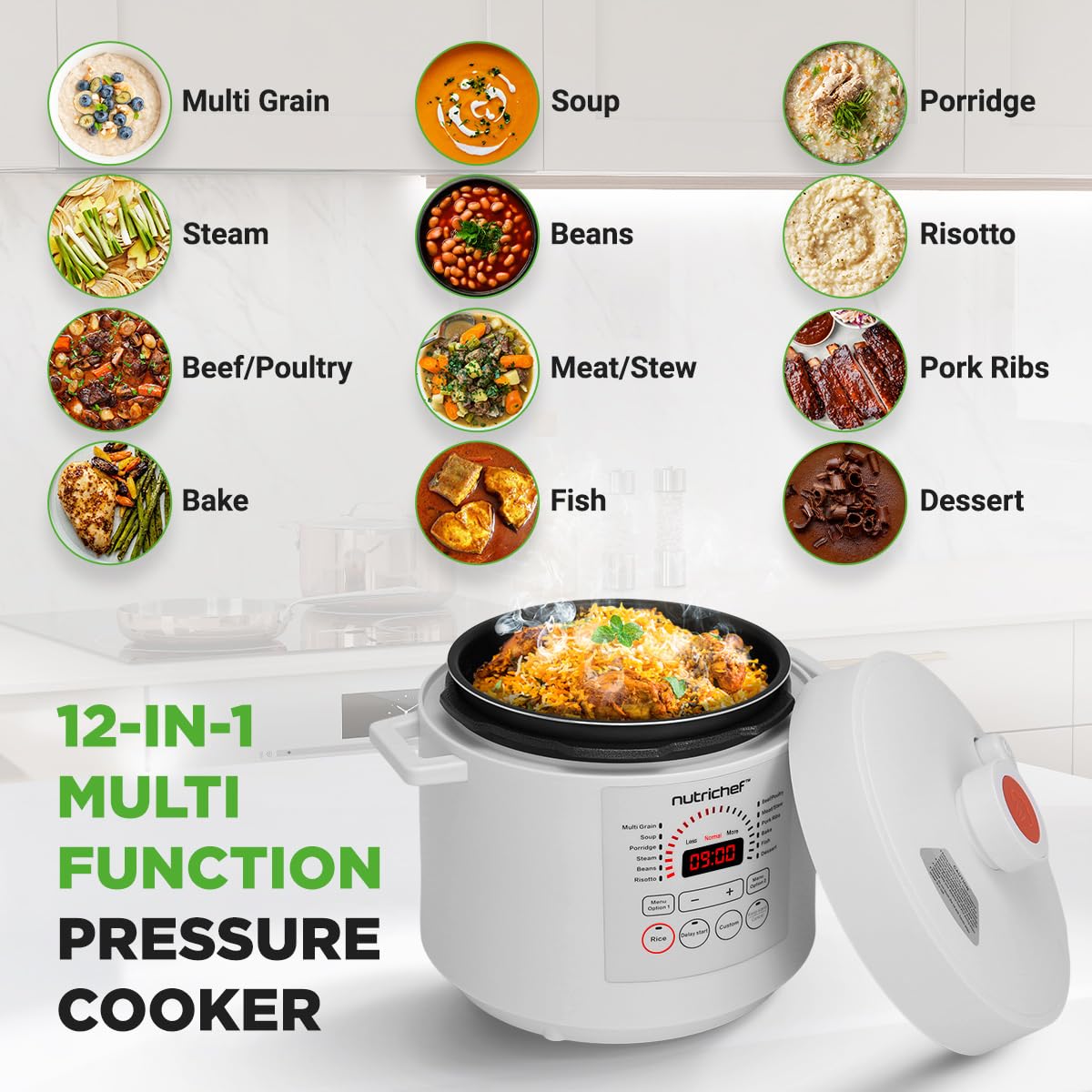 NutriChef Electric Pressure Cooker 6 Quart Capacity | 9 Function Digital Countertop Pressure Cooker | Adjustable Time & Temperature | Cook, Bake, Steam, Broil, & Braise | 13.1 x 11.4 IN | White