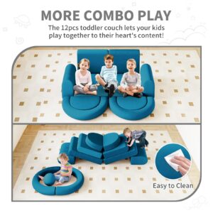 wanan Modular Kids Play Couch, 12PCS Kids Couch with Balls and Tunnel, Kids Couch for Playroom and Bedroom, Kids Modular Couch for Playing, Creativing, Modular Couch Kids (Blue)