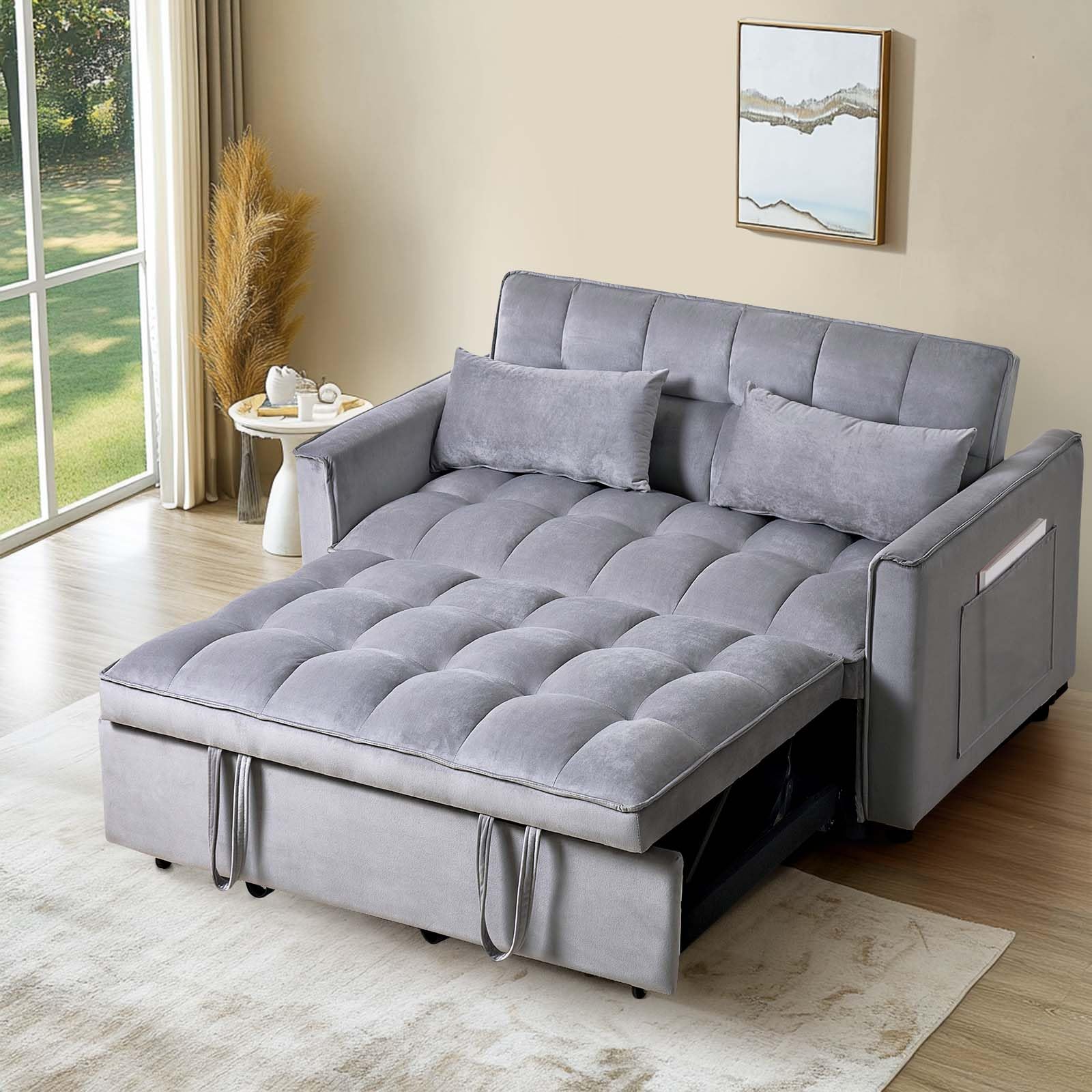 Lyromix 3 in 1 Sleeper Sofa Couch Bed, Velvet Sofa Bed with Adjustable Backrest, Modern Sofa Bed for Living Room, Convertible Sofa Bed for Bedroom, Gray