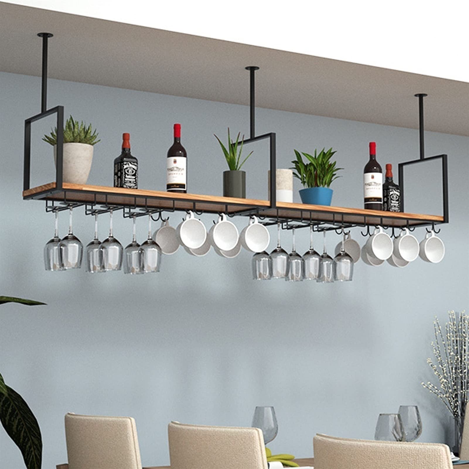 HZHKKP Ceiling Shelf Ceiling Wine Rack，Iron Solid Wood Ceiling Shelf Racks Stemware Holder，for Bars/Restaurants/Kitchens Storage Rack & Shelves，3 Sizes/Black (Size : 120 * 30 * 60cm)