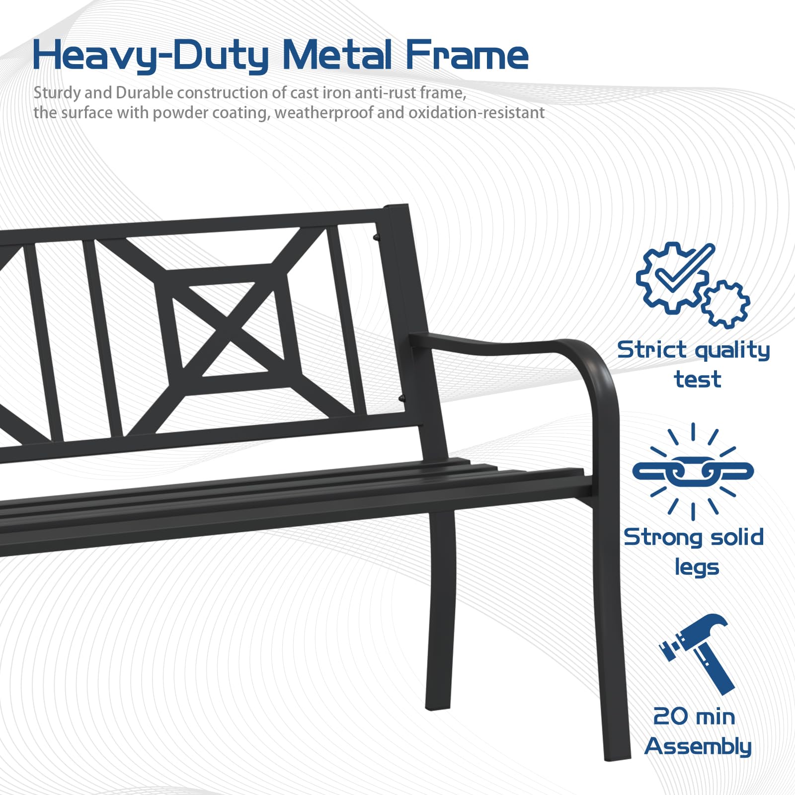 Maemttes Black Outdoor Bench, Metal Weatherproof Garden Bench Cast Iron Heavy-Duty Patio Bench with Decorative Backrest for Proch Park 880lb Capacity