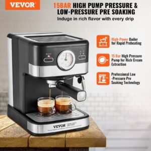 VEVOR Espresso Machine, 15 Bar Semi-Automatic Espresso Maker with Milk Frother Steam Wand for Latte and Cappuccino, Professional Coffee Maker with Temp Gauge & Removable Water Tank, NTC Control System