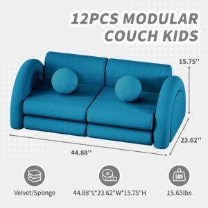 wanan Modular Kids Play Couch, 12PCS Kids Couch with Balls and Tunnel, Kids Couch for Playroom and Bedroom, Kids Modular Couch for Playing, Creativing, Modular Couch Kids (Blue)