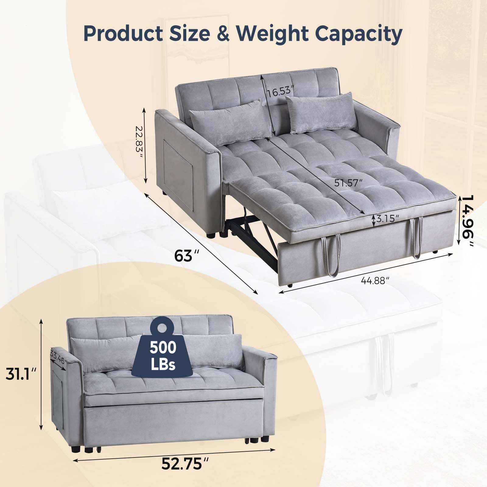 Lyromix 3 in 1 Sleeper Sofa Couch Bed, Velvet Sofa Bed with Adjustable Backrest, Modern Sofa Bed for Living Room, Convertible Sofa Bed for Bedroom, Gray