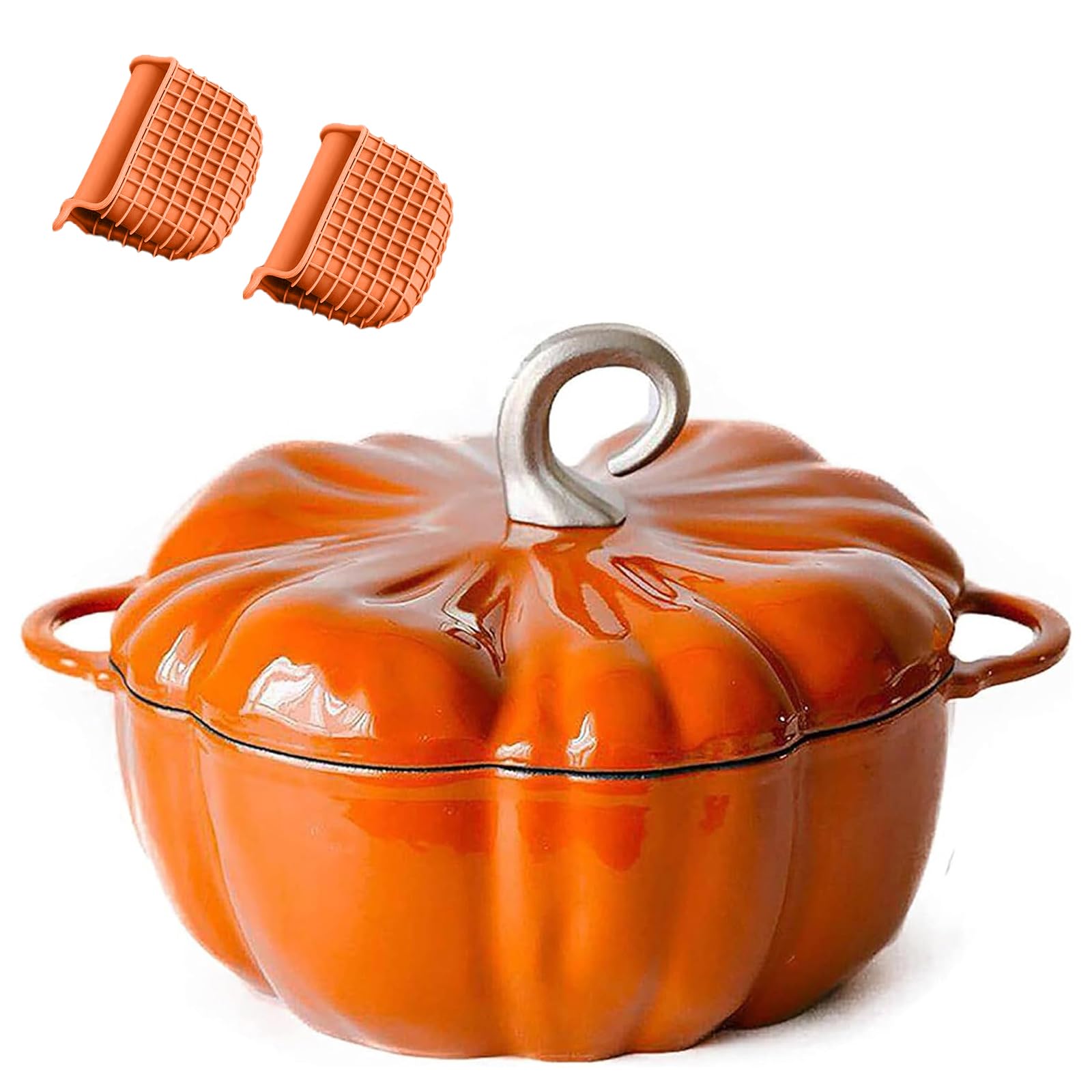 Pumpkin Shaped Dutch Oven Pot with Lid, Cast Iron Pumpkin Dutch Oven, Enamel Coated, Non-Stick Pumpkin Pot, 4 Qt Stew Pot, Serves 3-5, Halloween & Thanksgiving Decor Pot Gift(Orange)