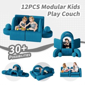 wanan Modular Kids Play Couch, 12PCS Kids Couch with Balls and Tunnel, Kids Couch for Playroom and Bedroom, Kids Modular Couch for Playing, Creativing, Modular Couch Kids (Blue)