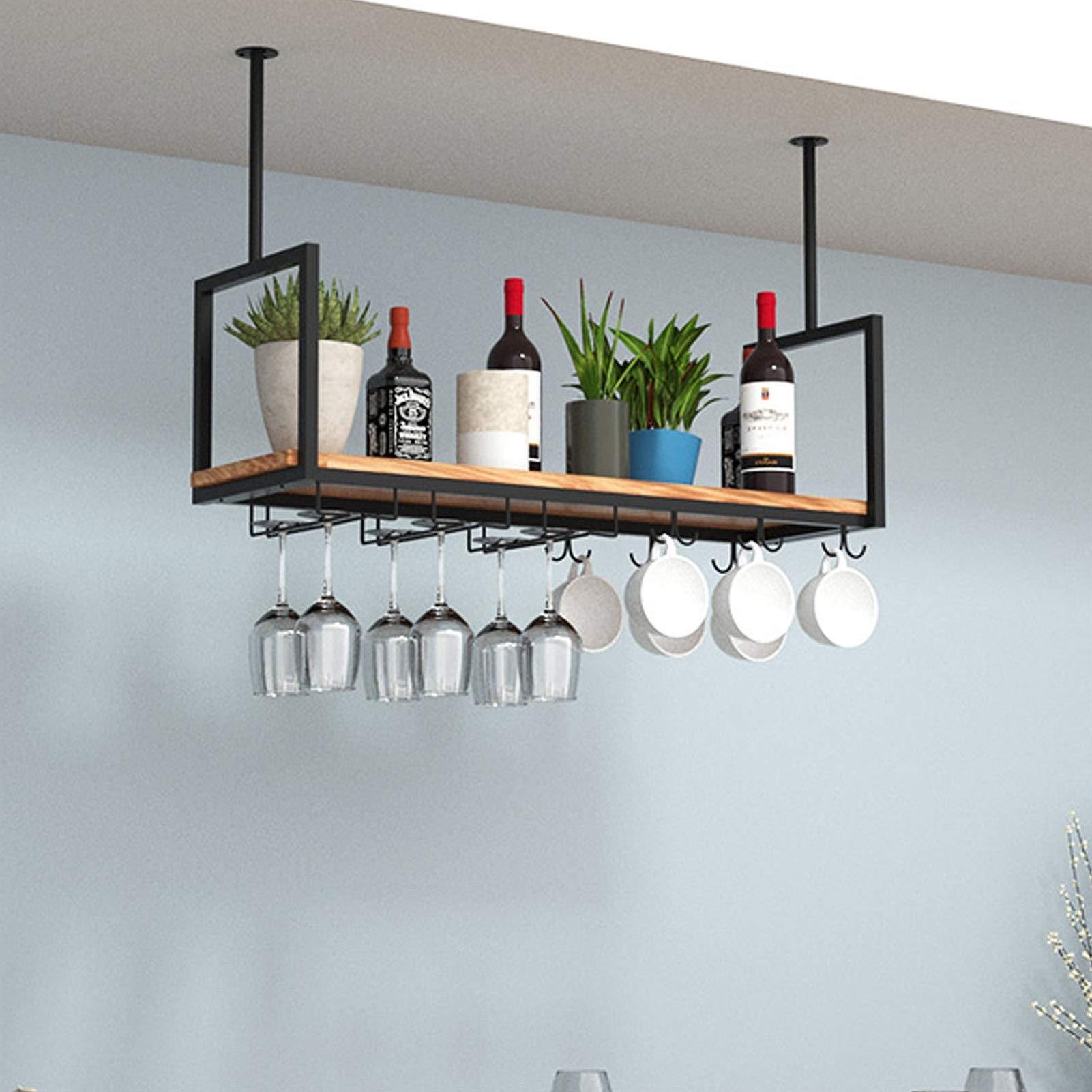 HZHKKP Ceiling Shelf Ceiling Wine Rack，Iron Solid Wood Ceiling Shelf Racks Stemware Holder，for Bars/Restaurants/Kitchens Storage Rack & Shelves，3 Sizes/Black (Size : 120 * 30 * 60cm)