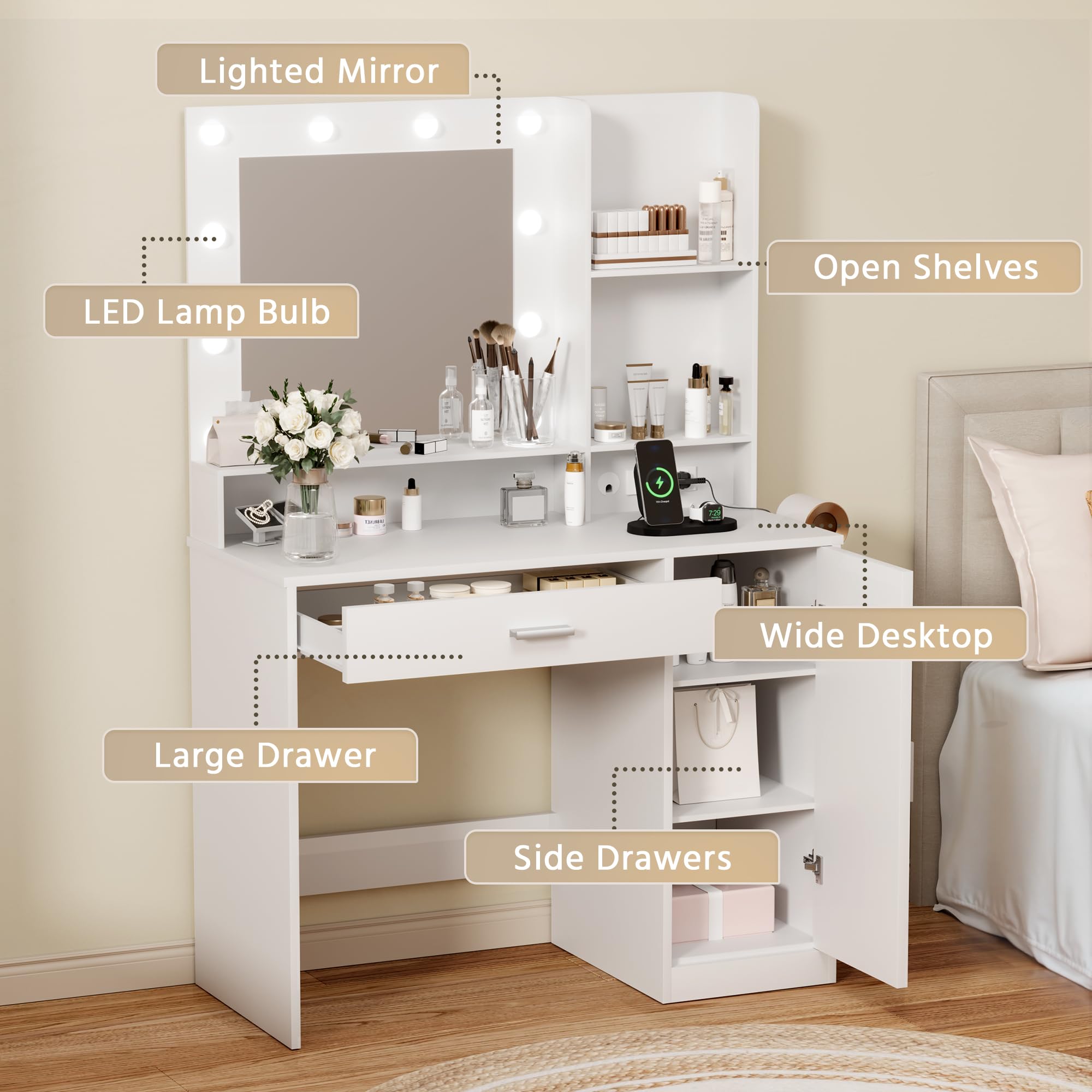 Furmax Vanity Desk with Lighted Mirror 3 Modes & Power Outlets, Makeup Vanity Table with Drawers, Cabinet and Open Shelves, for Bedroom & Dressing Room (White)