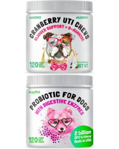 cranberry uti chews for dogs bladder suppot + d-mannose supports kidney urinary tract 120 chews and probiotics for dogs natural digestive enzymes prebiotics for allergy 120 chews