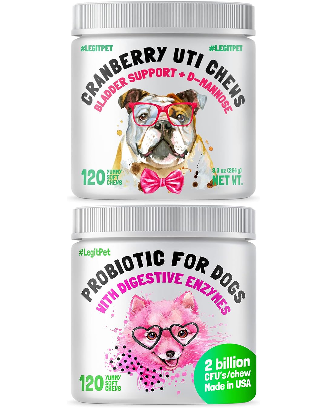 Cranberry UTI Chews for Dogs Bladder Suppot + D-Mannose Supports Kidney Urinary Tract 120 Chews and Probiotics for Dogs Natural Digestive Enzymes Prebiotics for Allergy 120 Chews