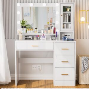 Likein Vanity Desk with Mirror and Lights, White Vanity Makeup Desk with Drawer & Glass Storage Cabinet & Charging Station, 3-Color Lights Adjustable Brightness, Make Up Dressing Table for Bedroom