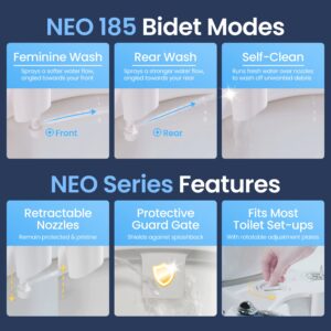 LUXE Bidet NEO 185 White Ultimate Upgrade Bundle - Self-Cleaning, Dual Nozzle Non-Electric Bidet Attachment, Comfort Fit Elongated Toilet Seat, Shutoff Valve T-Adapter, and Toilet Seat Bumpers