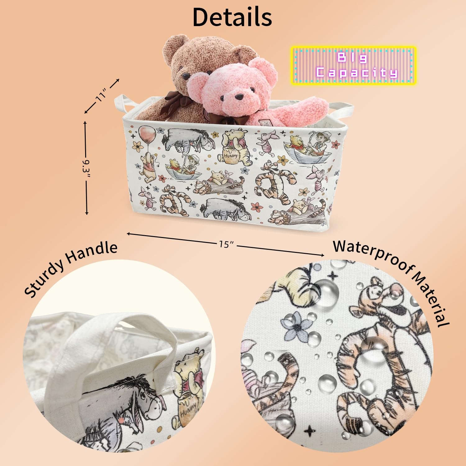 Winnie Nursery Hampers with Handles Classaic Pooh Nursery Storage Basket Foldable and Waterproof Canvas Large Organizers for Bathroom, Bedroom, Toys, Clothes, Laundry Bin