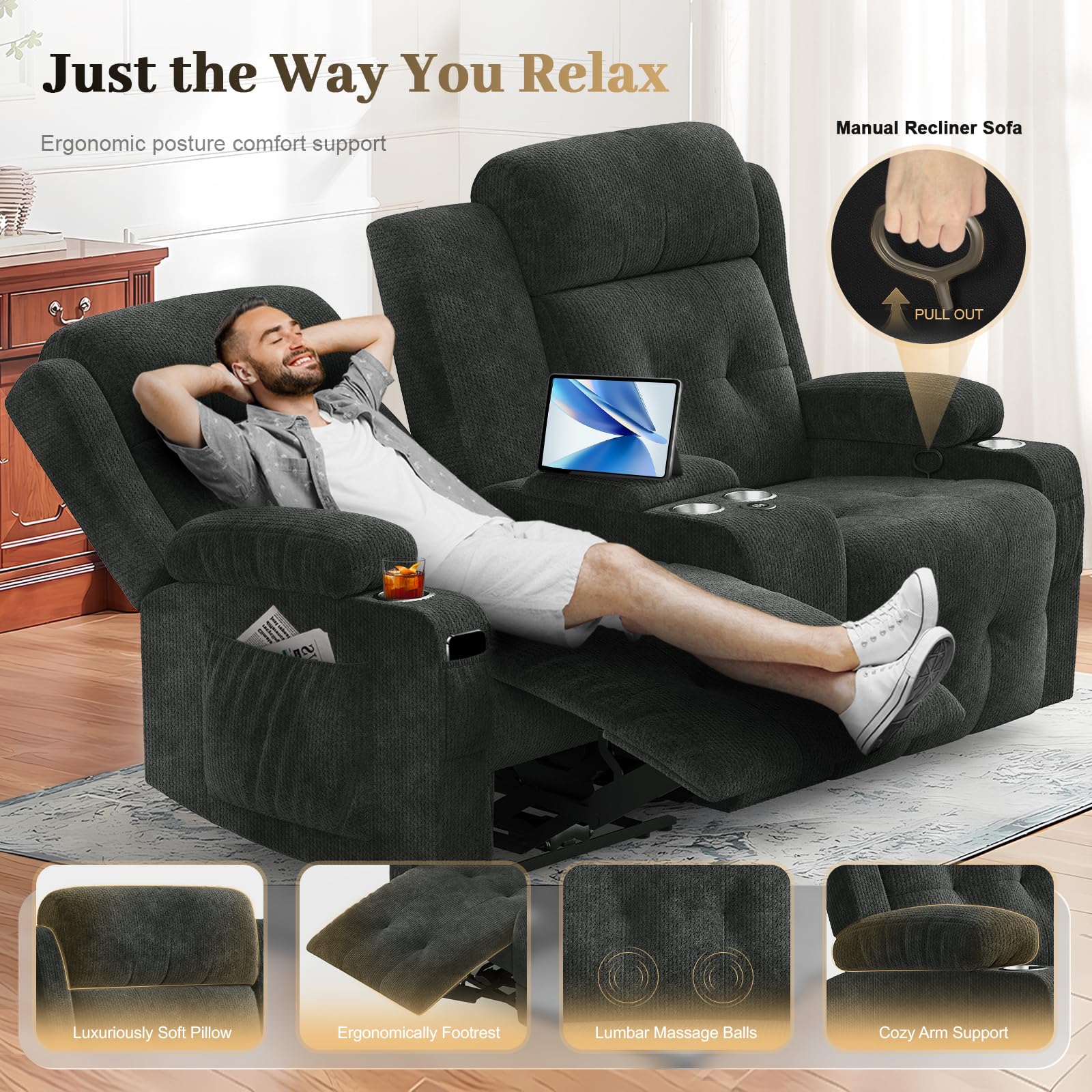 Aotolo Reclining Loveseat, Massage Loveseat Recliner Sofa Heavy Weight Capacity, RV Love Seat Chair Clearance with Console, USB, Type C Port, Storage, Cup Holders, Wall Hugger Couch, Fluffy Fabric