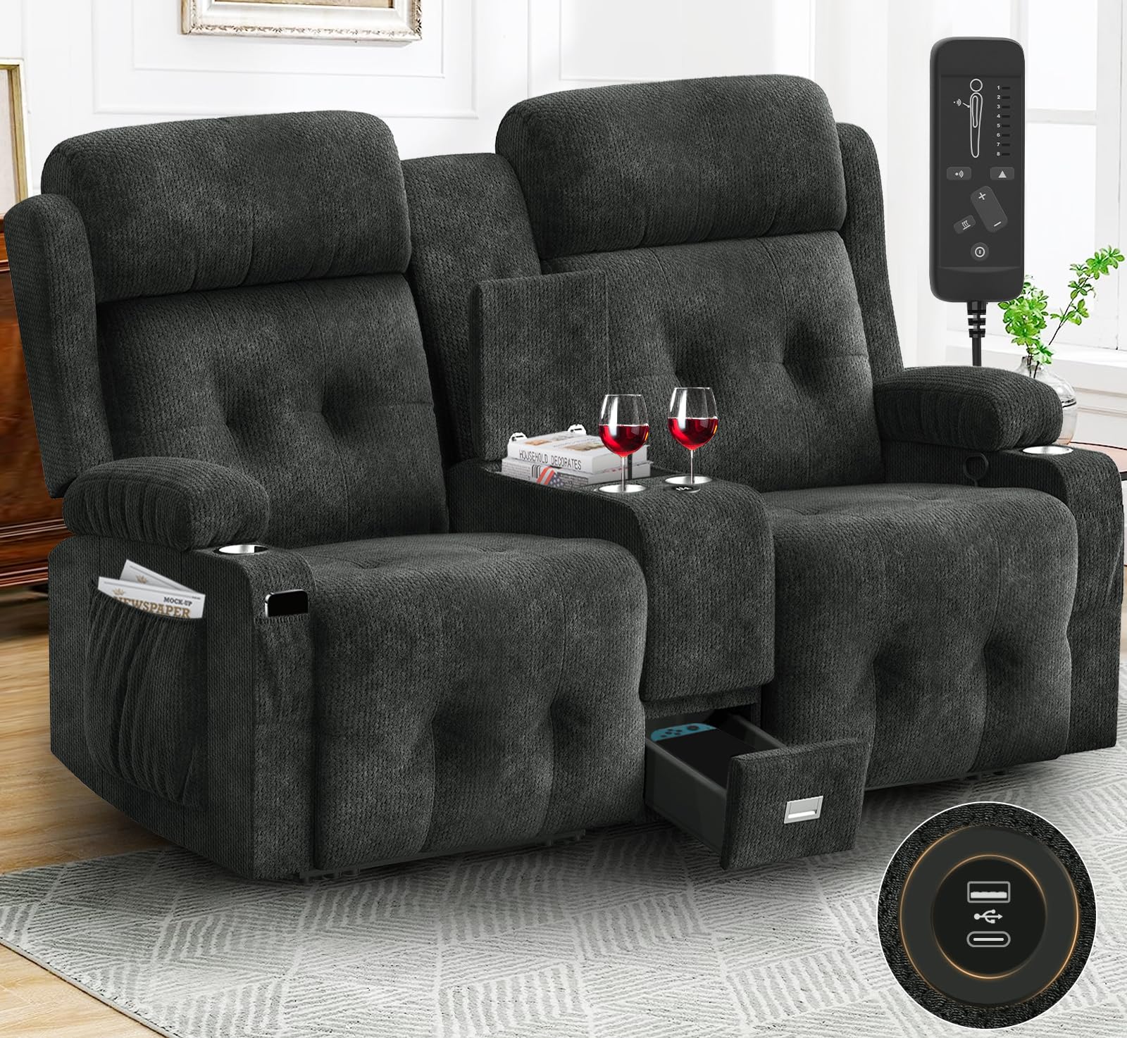 Aotolo Reclining Loveseat, Massage Loveseat Recliner Sofa Heavy Weight Capacity, RV Love Seat Chair Clearance with Console, USB, Type C Port, Storage, Cup Holders, Wall Hugger Couch, Fluffy Fabric