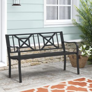 Maemttes Black Outdoor Bench, Metal Weatherproof Garden Bench Cast Iron Heavy-Duty Patio Bench with Decorative Backrest for Proch Park 880lb Capacity