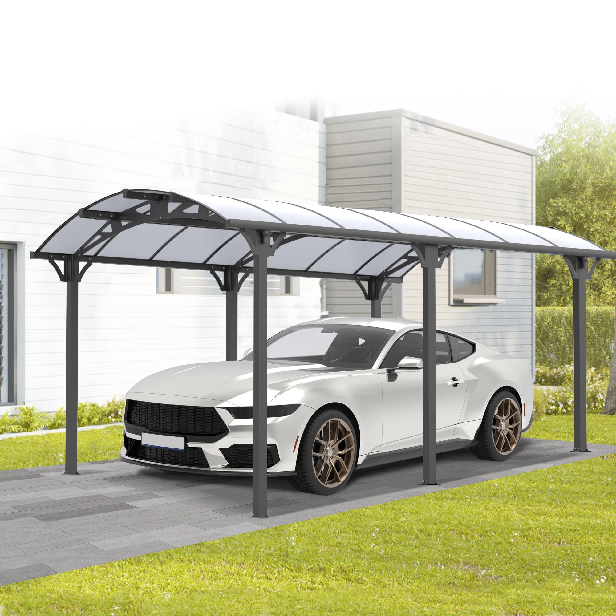 Real Relax 12 x 16 ft Metal Carport Kits with Polycarbonate Panel, Heavy Duty Metal Carport Canopy, Outdoor Car Tent Metal Garage Shelter for Car, Truck and Boats, Grey