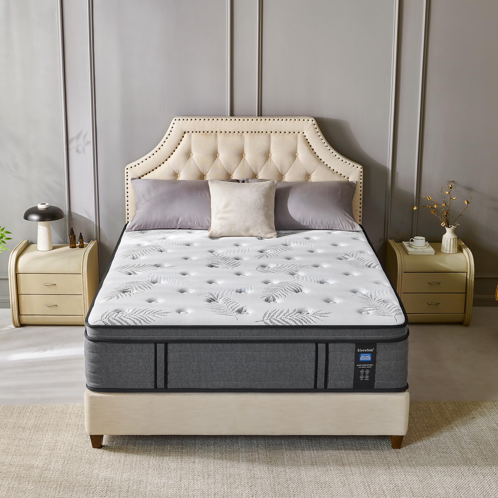 12 Inch Queen Mattress, Firm Supportive Mattress Designed with Tight Line & Thick Foam Edges for Back Sleepers & Stomach Sleepers, Euro Top Hybrid Memory Foam Mattress with Enhanced Pocket Spring