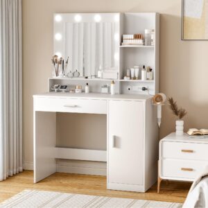 Furmax Vanity Desk with Lighted Mirror 3 Modes & Power Outlets, Makeup Vanity Table with Drawers, Cabinet and Open Shelves, for Bedroom & Dressing Room (White)