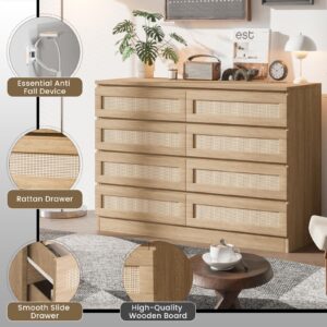 GarveeHome Rattan Dresser for Bedroom, Modern 8 Drawer Wooden Dresser Chest, Wide Wood Beside Table for Closet, Nursery, Living Room and Entryway, Natural