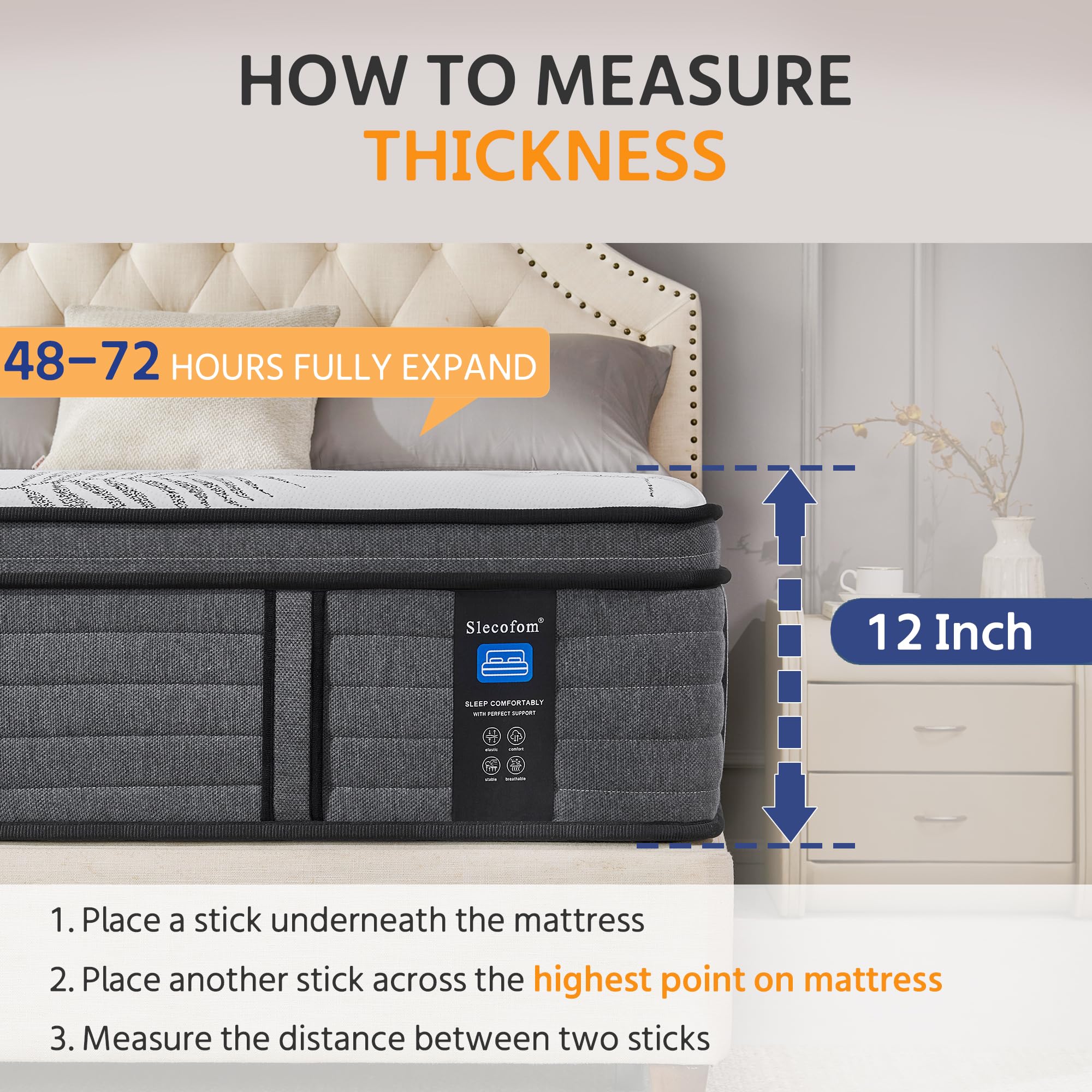 12 Inch Queen Mattress, Firm Supportive Mattress Designed with Tight Line & Thick Foam Edges for Back Sleepers & Stomach Sleepers, Euro Top Hybrid Memory Foam Mattress with Enhanced Pocket Spring