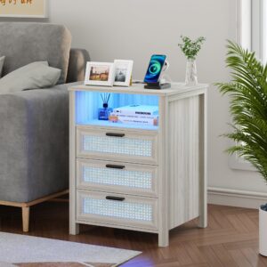 QFP Night Stand, Nightstand with Charging Station, Color-Adjustable LED Bedside Table, 24 Inch Tall Solid Wood Frame 3 Rattan Drawers, Table for Bedroom Living Room Sofa Couch (Ivory Gray)