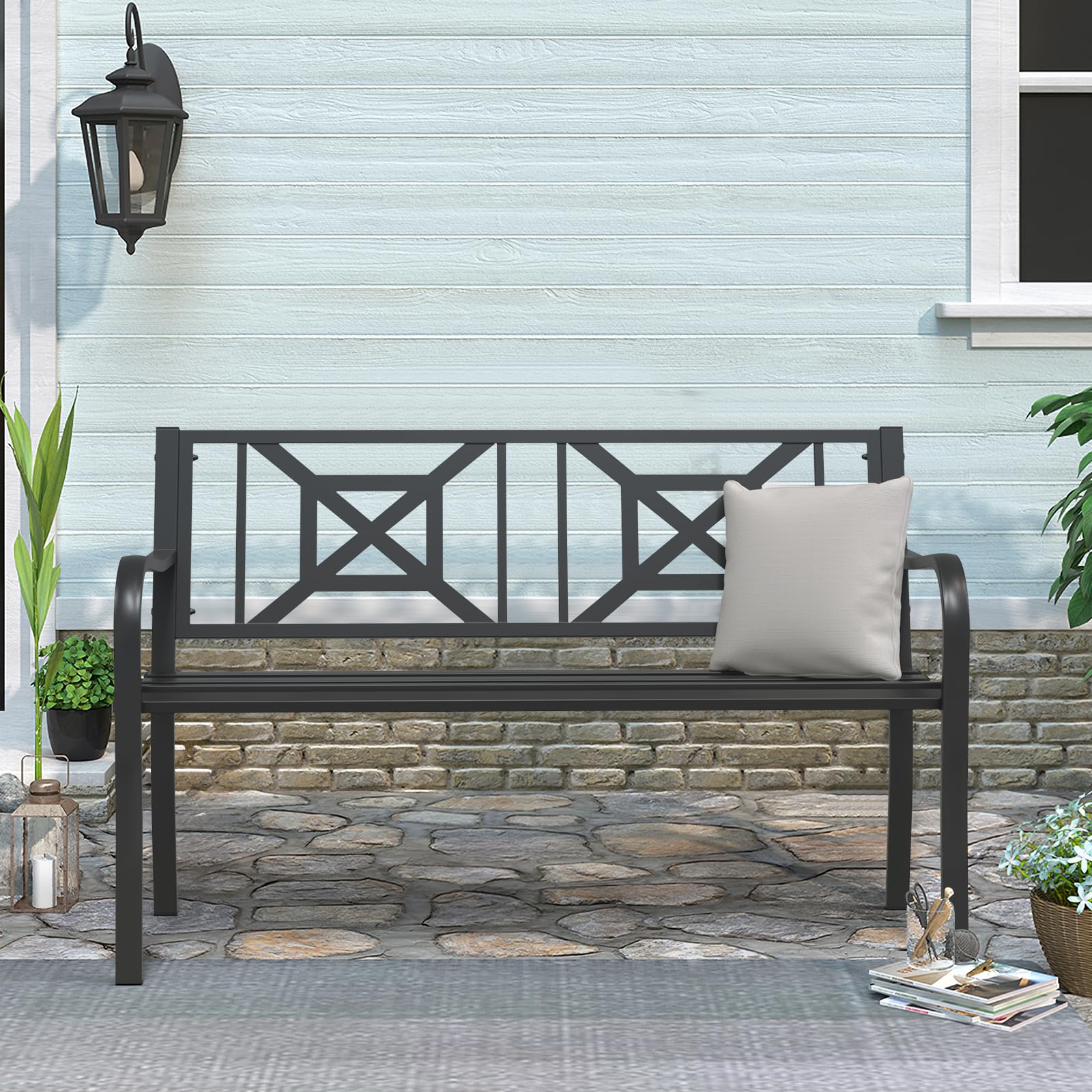 Maemttes Black Outdoor Bench, Metal Weatherproof Garden Bench Cast Iron Heavy-Duty Patio Bench with Decorative Backrest for Proch Park 880lb Capacity