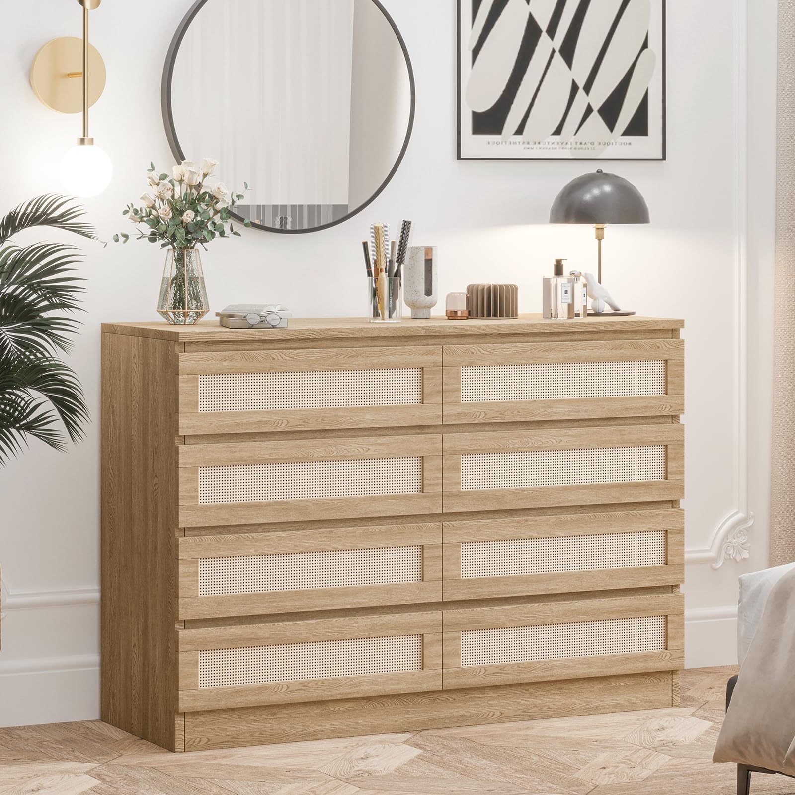 GarveeHome Rattan Dresser for Bedroom, Modern 8 Drawer Wooden Dresser Chest, Wide Wood Beside Table for Closet, Nursery, Living Room and Entryway, Natural