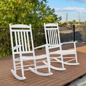 MAMIZO Soild Wood Outdoor Rocking Chair with High Back, Porch Rocking Chairs Oversized Easy to Assemble for Porch Garden, Lawn, Balcony, Backyard, Wooden Rocking Chair Outdoor and Indoor (White)