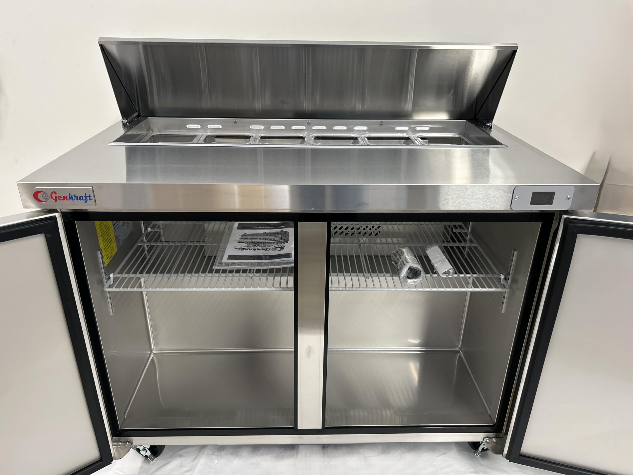 GenKraft Commercial Refrigerated - Salad/Sandwich Prep Table 48", 12 pan Capacity, Refrigerated Stainless Prep Table, used in Restaurants, Food Trucks, Fast Food Shops etc.