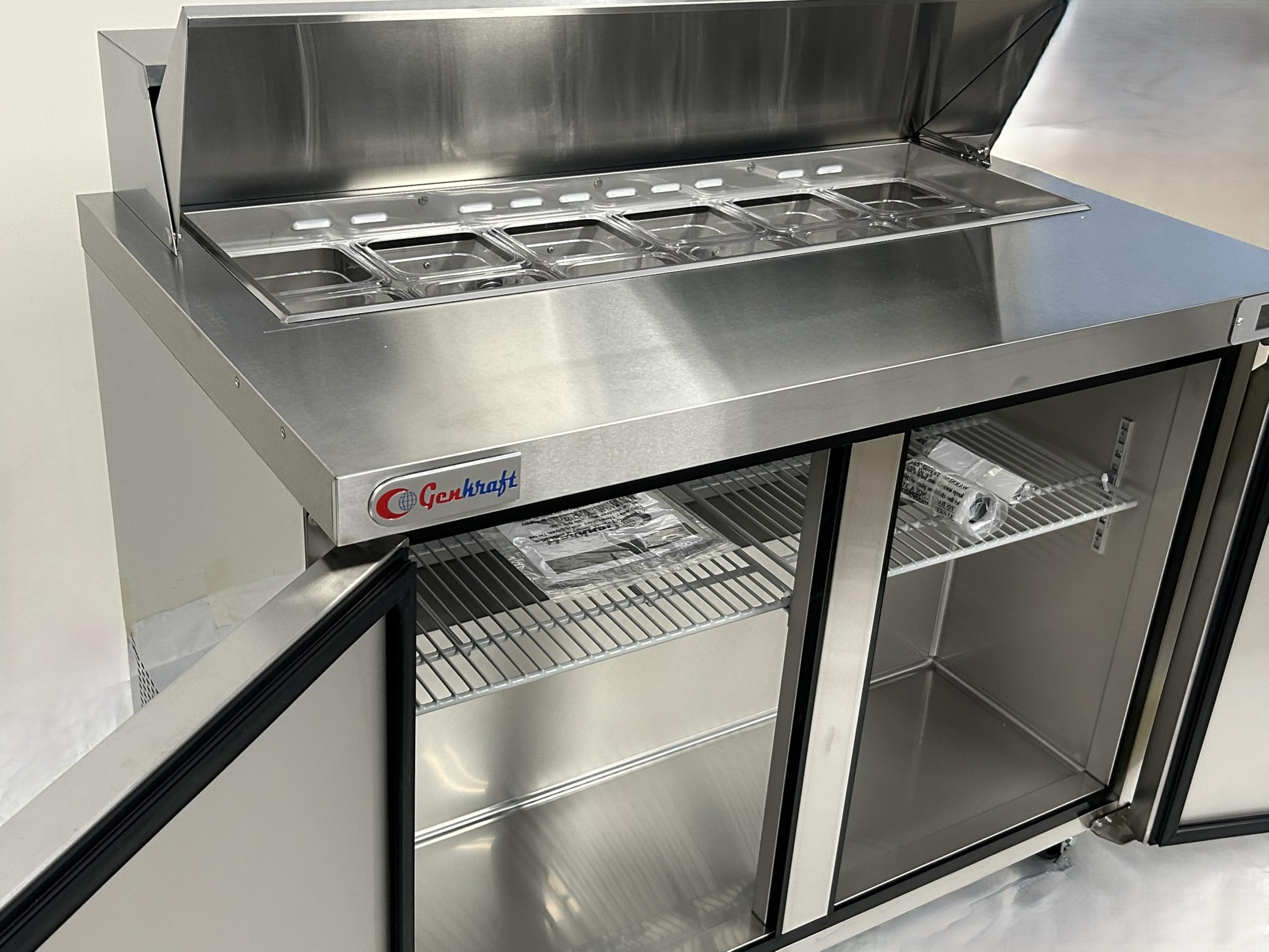 GenKraft Commercial Refrigerated - Salad/Sandwich Prep Table 48", 12 pan Capacity, Refrigerated Stainless Prep Table, used in Restaurants, Food Trucks, Fast Food Shops etc.