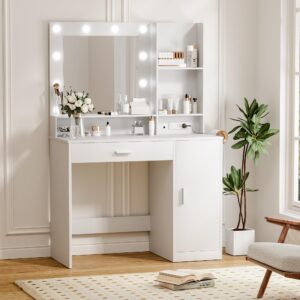 Furmax Vanity Desk with Lighted Mirror 3 Modes & Power Outlets, Makeup Vanity Table with Drawers, Cabinet and Open Shelves, for Bedroom & Dressing Room (White)